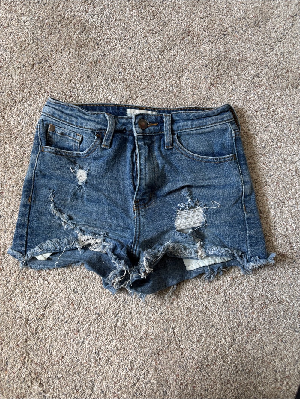 Frayed Hem Distressed Jean Shorts in Blue